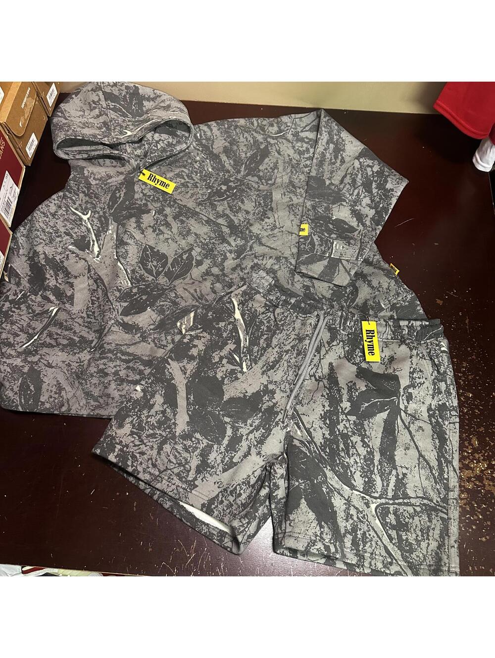RHYME Men’s gray hunters camouflage tree hooded shorts sweatsuit large - Picture 3 of 6
